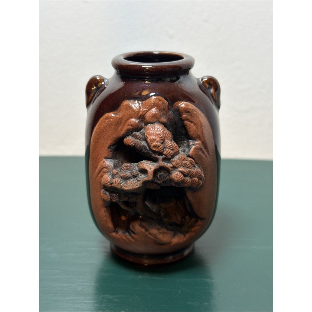 Japanese Banko Ware Brown Pottery Vase 3D Relief Carved Bonsai Tree Bud Vase